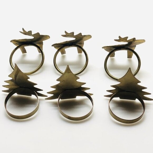 Vintage Napkin Ring Holders Brass Gold Tone Metal Rustic Tree Moose Set Of 6 - Picture 5 of 12